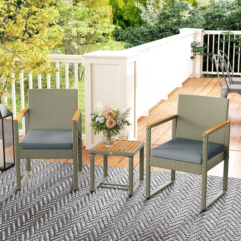 Grey 3 Piece Rattan Bistro Set With Cushions and Table for Garden or Balcony by Outsunny