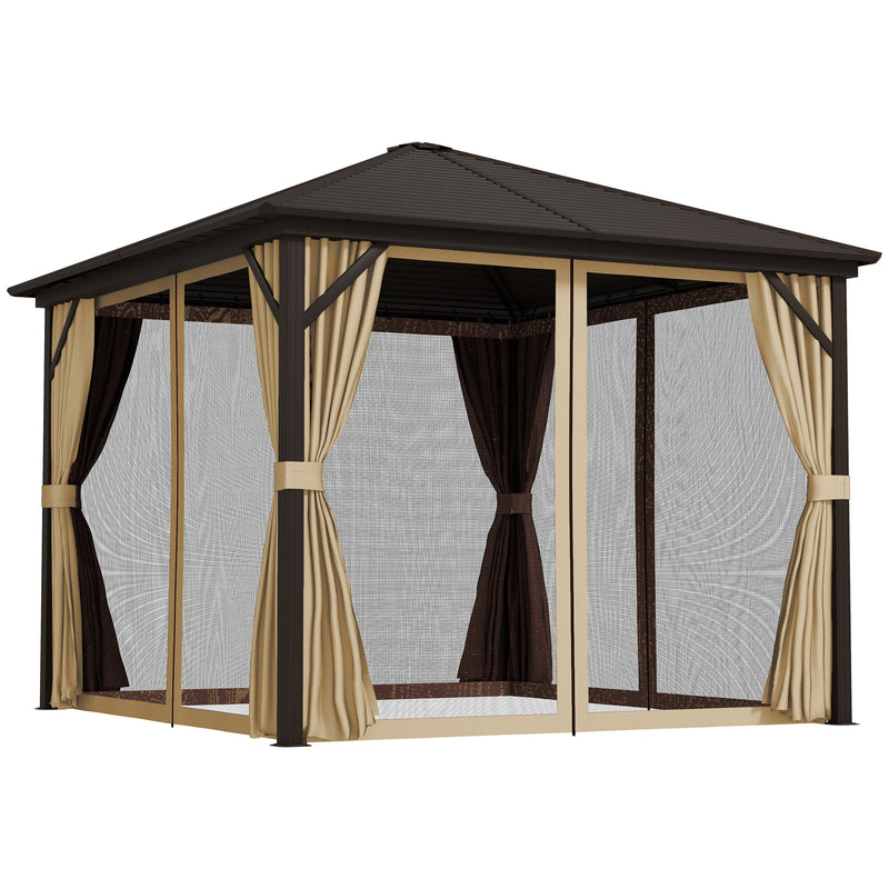 Brown 3m x 3m Metal Hardtop Gazebo with Curtains and Accessories by Outsunny
