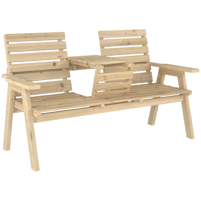 Wooden Garden Bench With Lifting Central Table for Outdoor Relaxing Natural Finish Outsunny