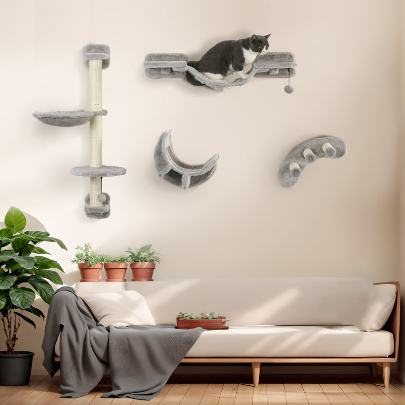 Wall Mounted Cat Climbing Set with Hammock and Steps for Indoor Cats Grey
