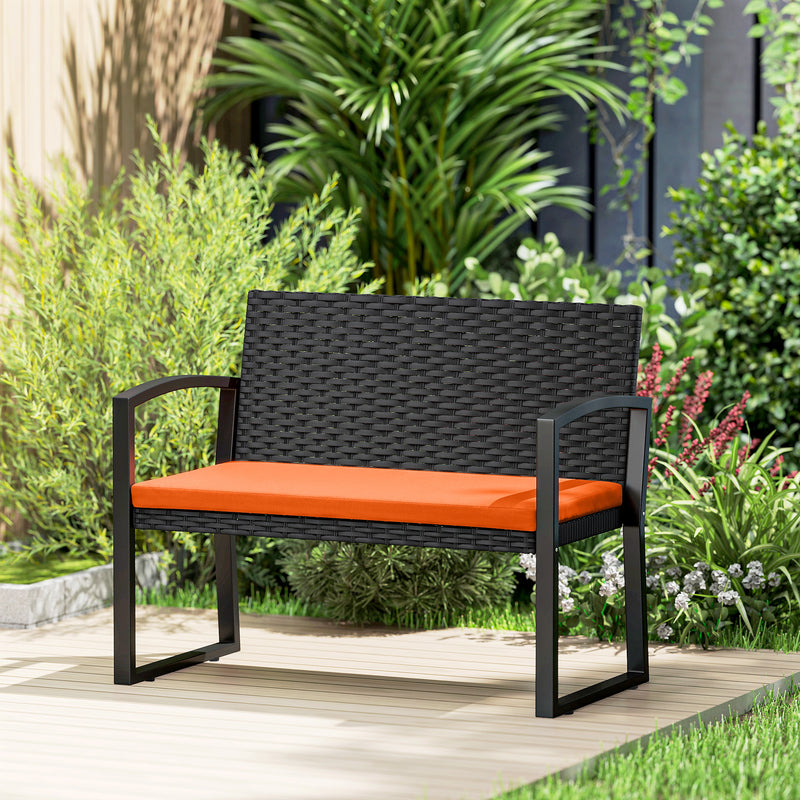 Rattan Garden Bench for Two with Padded Cushion and Steel Frame Black Outsunny