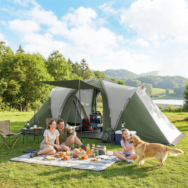 4-6 Person Waterproof Tunnel Camping Tent With 2 Bedrooms, Living Room & Porch, Green