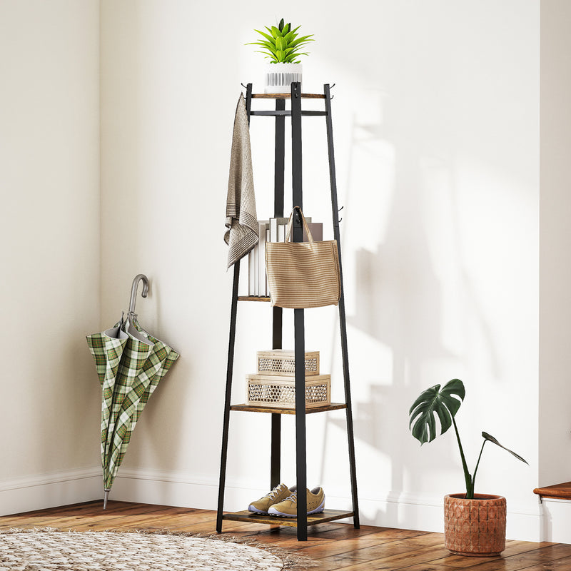 Compact Freestanding Wooden Coat Rack in Black and Brown with Storage Shelf by Homcom