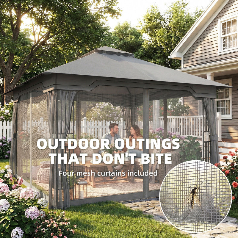 3.3 x 3.3m Metal Gazebo with Mesh Sides for Cool Shaded Outdoor Relaxing and Dining, UPF50+ Dark Grey Outsunny