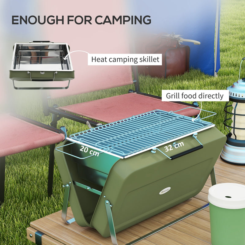 Green Portable Metal BBQ Grill With Carry Handle For Camping And Outdoor Cooking