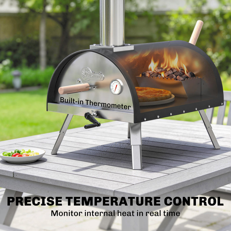 Wood Fired Outdoor Pizza Oven for Fast Even Cooking with Rotating Stone for Garden or Patio, Black Outsunny