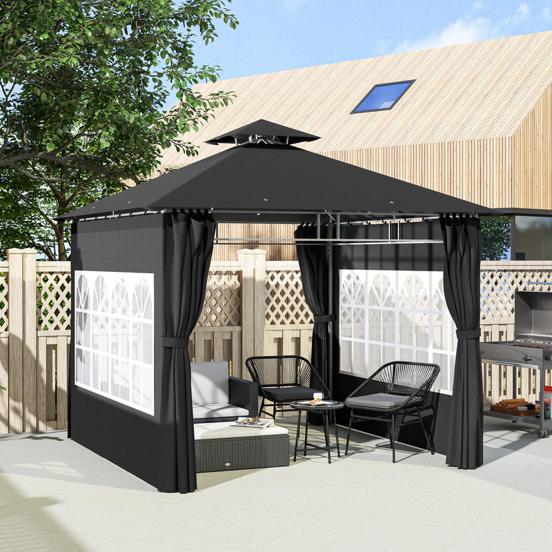 3 x 3 m Black Metal Garden Gazebo With Double Roof and Removable Sidewalls by Outsunny