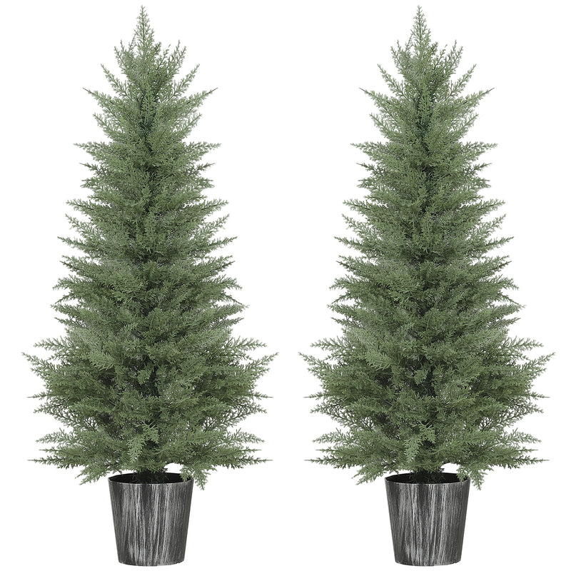 Set of 2 UV Resistant Artificial Cypress Trees with Pots for Indoor Outdoor Use, Green