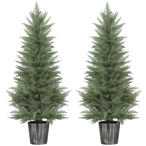 Set of 2 UV Resistant Artificial Cypress Trees with Pots for Indoor Outdoor Use, Green
