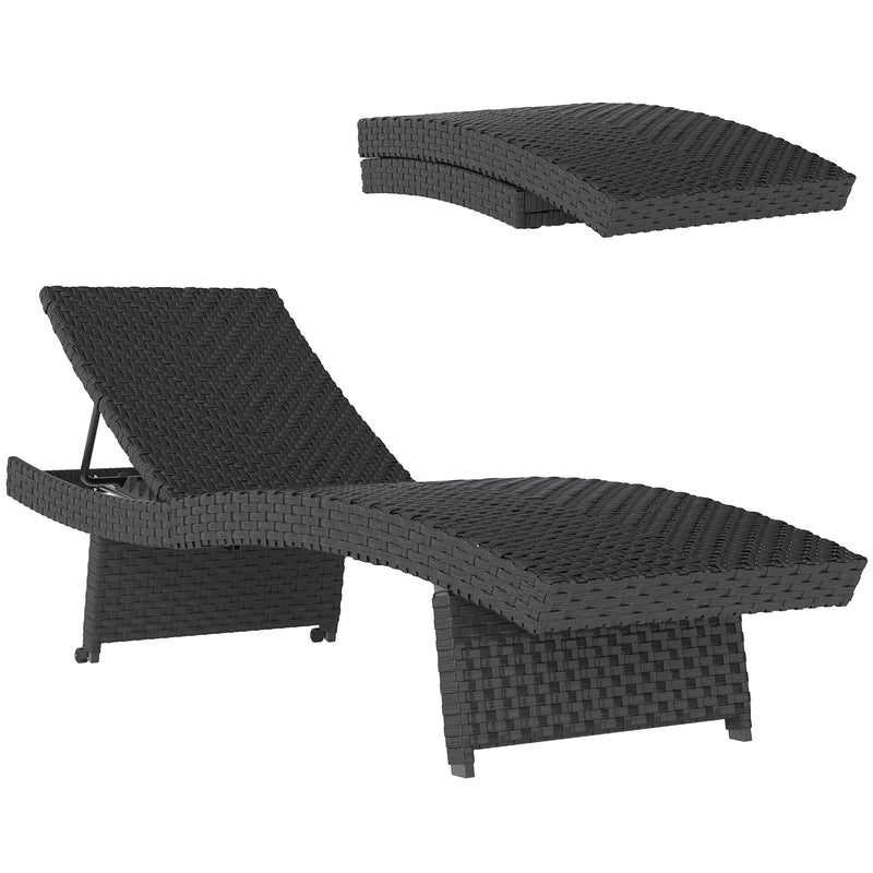 Black Rattan Folding Sun Lounger With Adjustable Backrest and Wheels by Outsunny