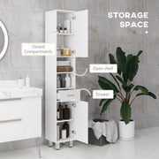 Tall Slim Bathroom Storage Cabinet With Adjustable Shelves And Drawer, High Gloss White