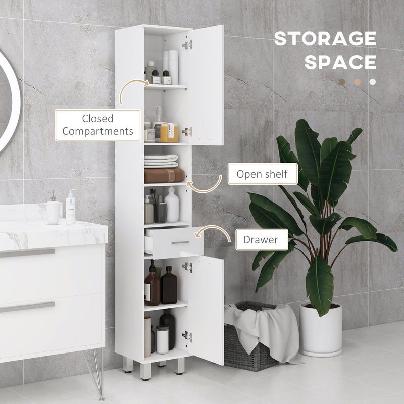 Tall Slim Bathroom Storage Cabinet With Adjustable Shelves And Drawer, High Gloss White