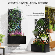 Metal Planter with Leaf Trellis Privacy Panel for Garden or Patio Black Outsunny