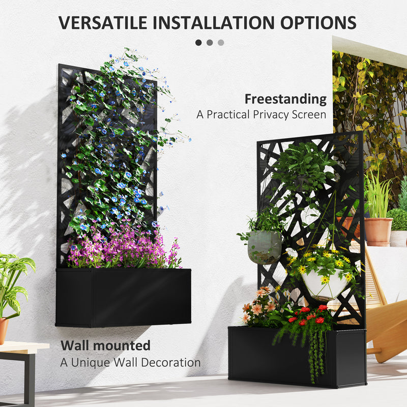 Metal Planter with Leaf Trellis Privacy Panel for Garden or Patio Black Outsunny