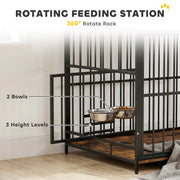 Dog Crate Side Table with Rotating Feeding Station for Medium Dogs Rustic Brown Black AOSOM
