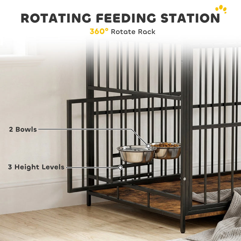 Dog Crate Side Table with Rotating Feeding Station for Medium Dogs Rustic Brown Black AOSOM