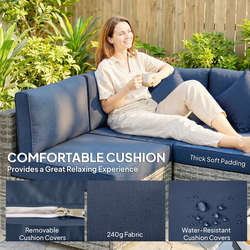 Rattan Garden Corner Sofa Set with Flexible Seating and Table for Outdoor Relaxtion, Grey & Blue