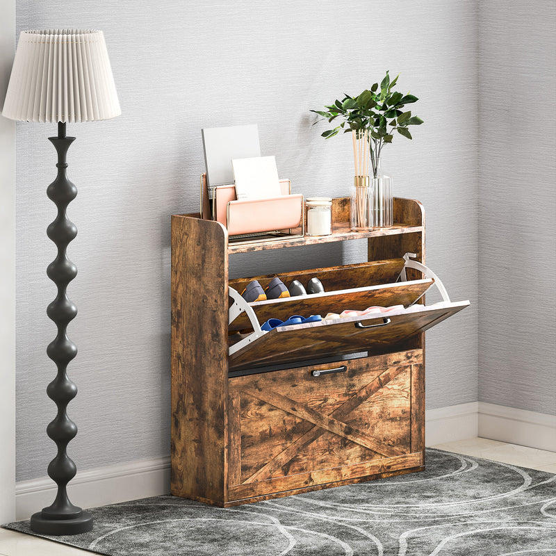 Rustic Brown Narrow Shoe Cabinet with Two Flip Drawers and Adjustable Shelves by HOMCOM