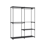 Black open clothes rack with three hanging rods and shelves on a white background