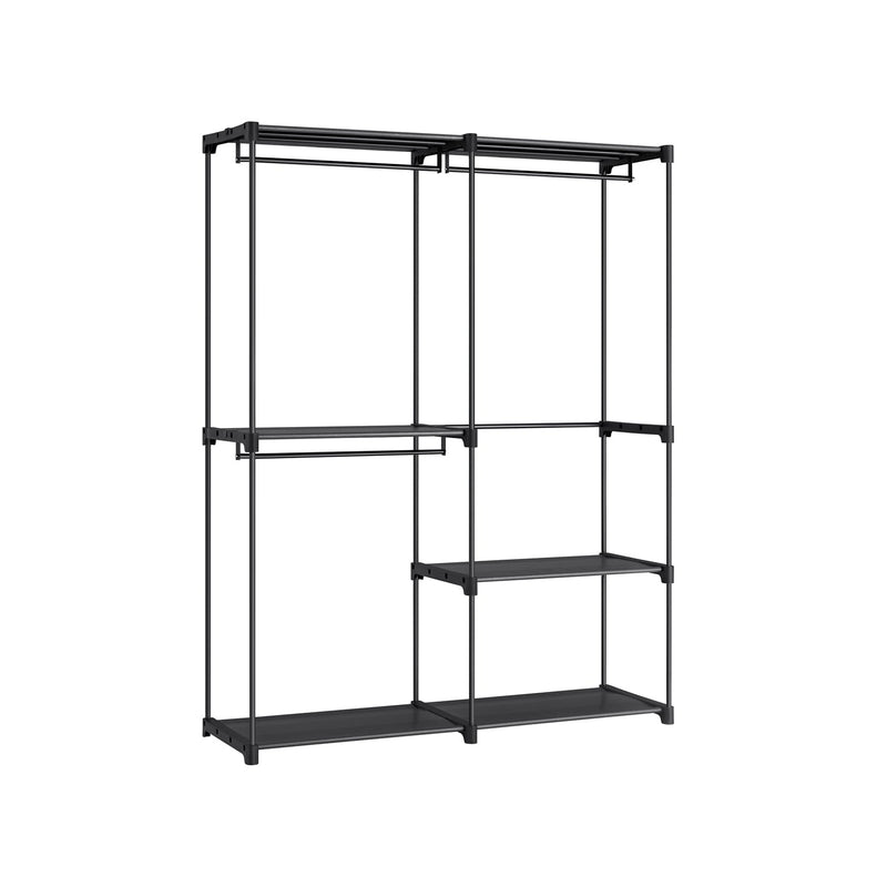 Black open clothes rack with three hanging rods and shelves on a white background