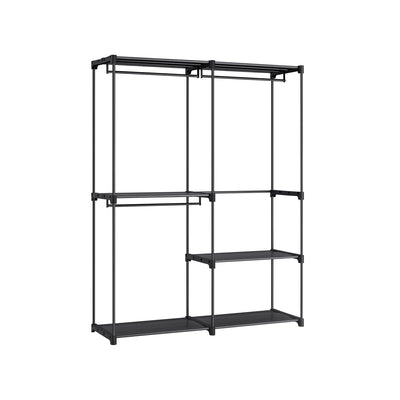 Black open clothes rack with three hanging rods and shelves on a white background