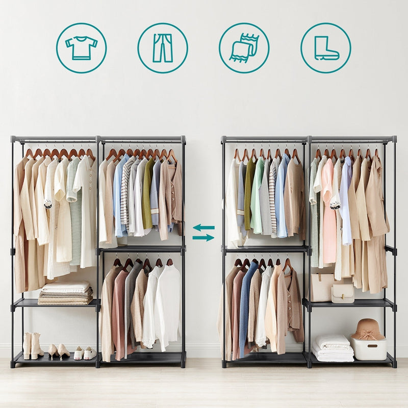 Two open clothes racks side by side showing different hanging and shelf arrangements