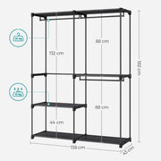 Dimension diagram showing the rack at 138 x 43 x 182 cm with 132 cm and 88 cm hanging bays