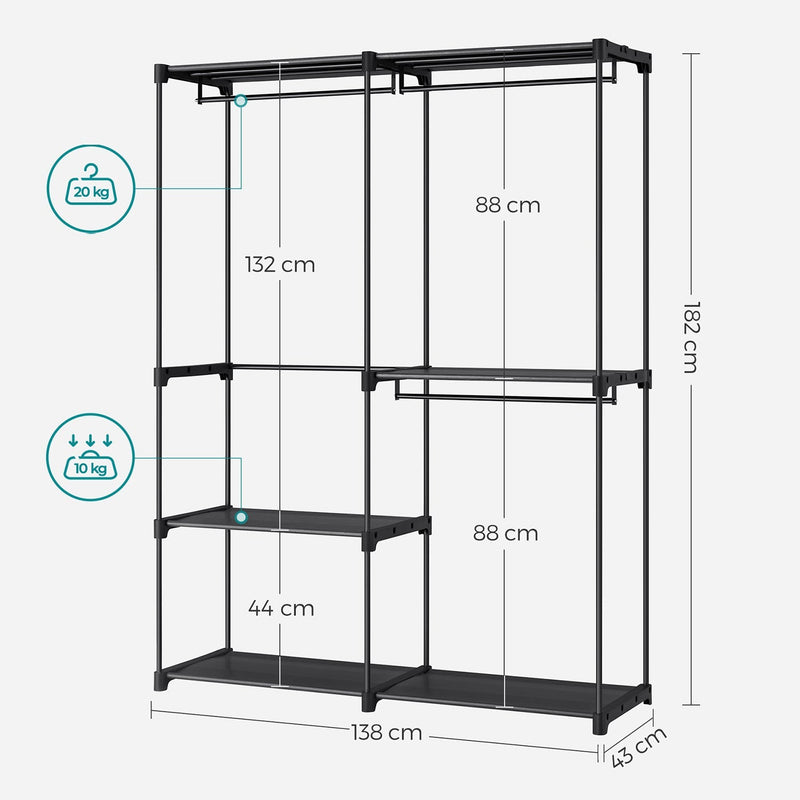 Dimension diagram showing the rack at 138 x 43 x 182 cm with 132 cm and 88 cm hanging bays