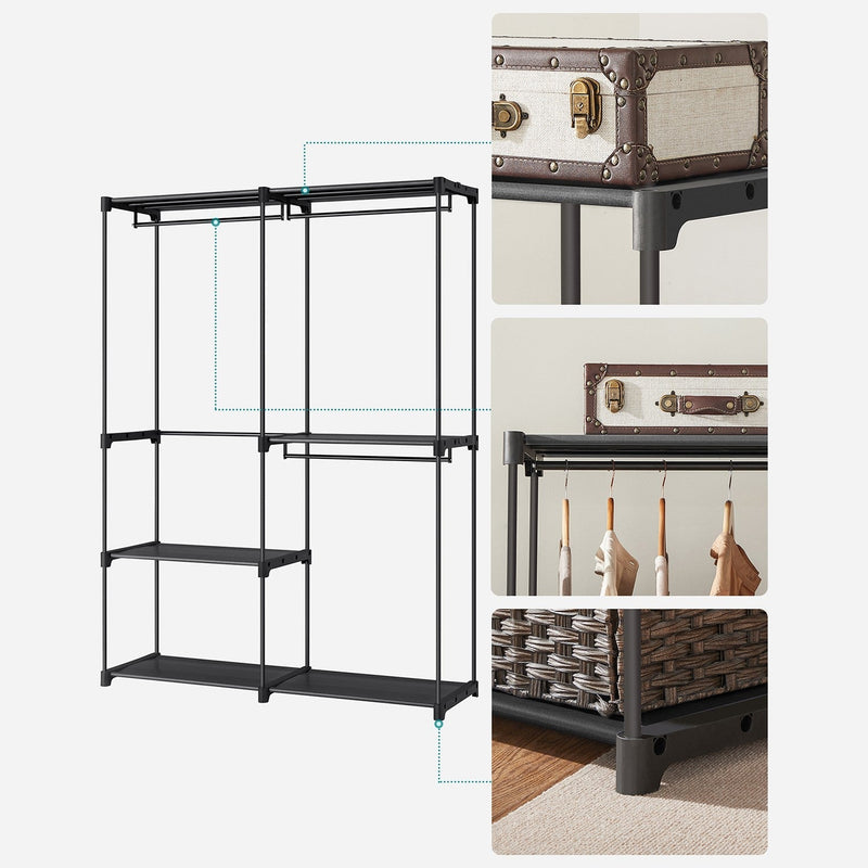 Frame diagram with close-ups of the shelf bracket, hanging rod and floor foot