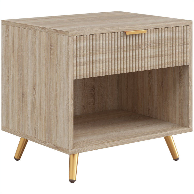 Homcom open-shelf bedside table in natural wood finish with gold-tone hairpin legs, angled studio view