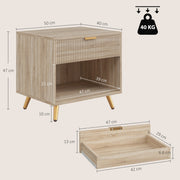 Dimensions diagram: 50W x 40D x 47H cm bedside table with 42W x 29D x 6.6H cm drawer and 47W x 39D x 21H cm open shelf