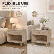 Natural wood bedside table shown as a nightstand and as a living room side table