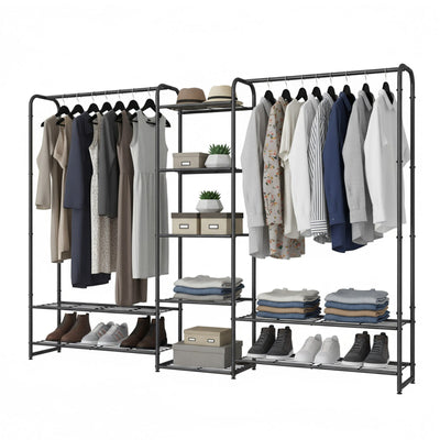 Black open wardrobe filled with hanging coats and shirts, folded clothes, shoes and storage boxes