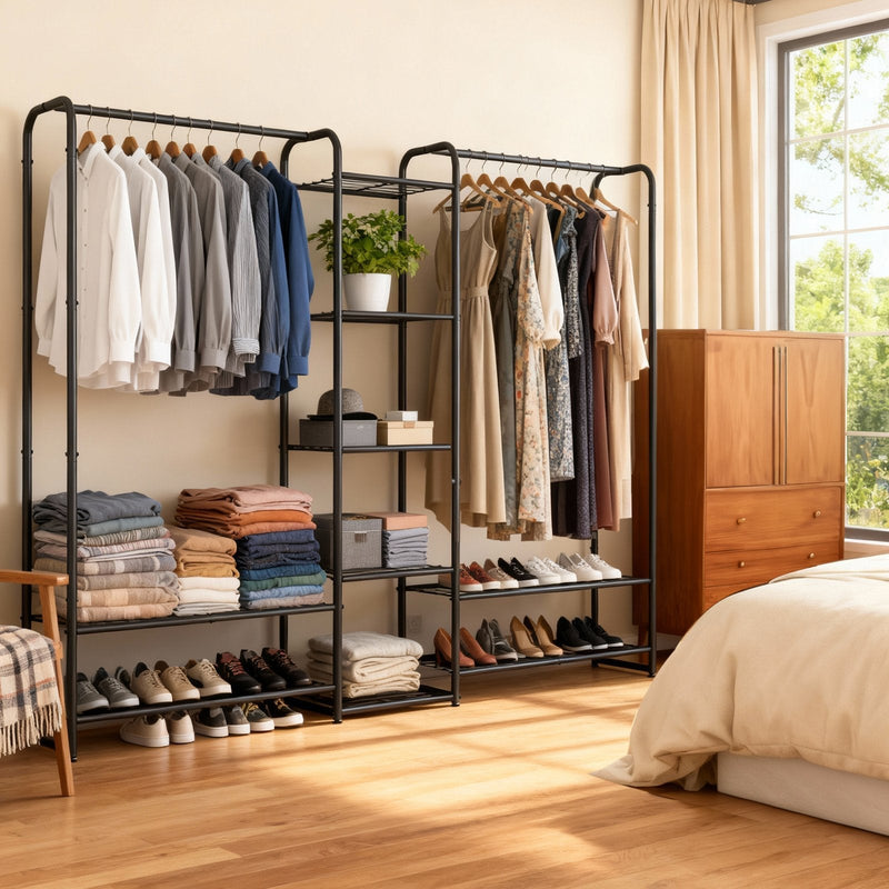Matt black clothes rack beside a wooden chest of drawers in a bright bedroom with a window