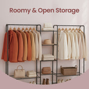 Close view of the centre shelves holding folded jumpers, a hat, a handbag and a woven basket