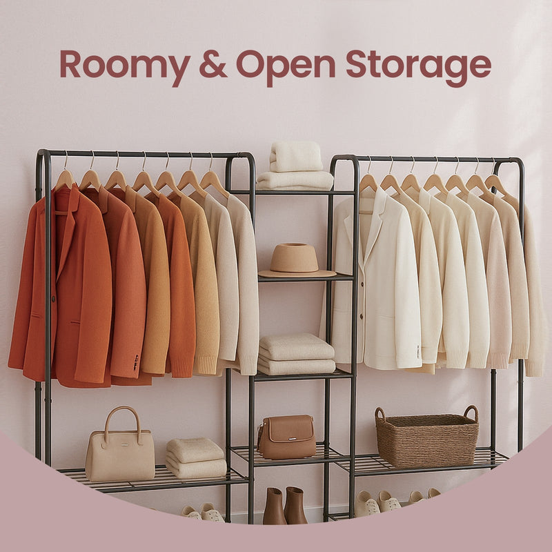 Close view of the centre shelves holding folded jumpers, a hat, a handbag and a woven basket