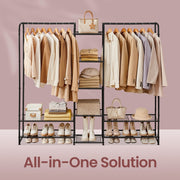 Open wardrobe styled as an all in one solution with coats, bags and shoes on both lower shelves