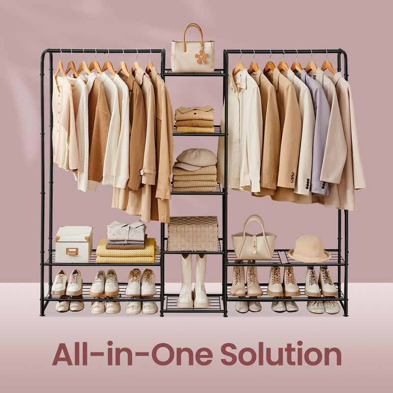 Open wardrobe styled as an all in one solution with coats, bags and shoes on both lower shelves