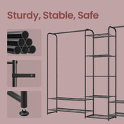 Detail of the powder-coated steel tubes, joint connector and floor foot of the clothes rack
