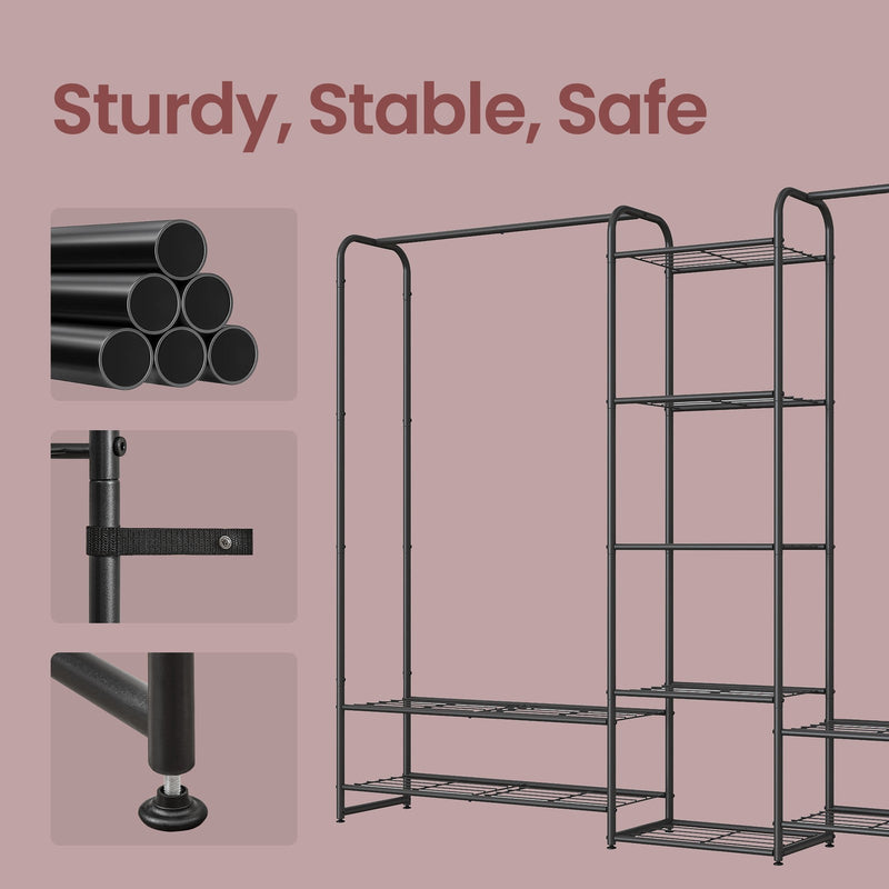 Detail of the powder-coated steel tubes, joint connector and floor foot of the clothes rack