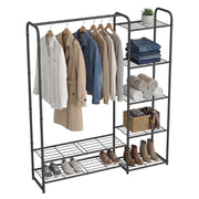 Clothes rack holding hanging jackets, folded jeans, towels and rows of shoes