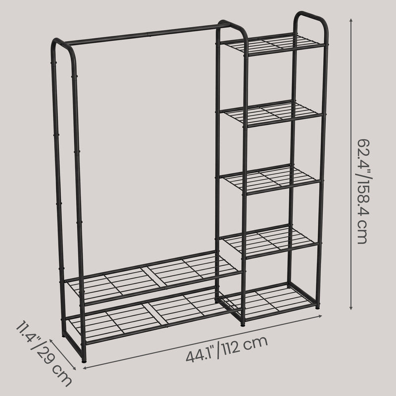 Dimensions diagram showing the clothes rack at 112 x 29 x 158.4 cm