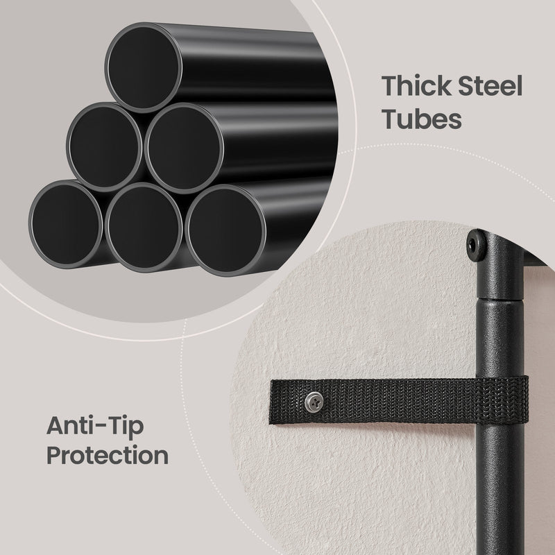 Close-up of the thick steel tubes and the anti-tip strap fixed to a wall