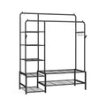 Black open wardrobe clothes rack with shelves and rails, front view