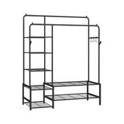 Black open wardrobe clothes rack with shelves and rails, front view