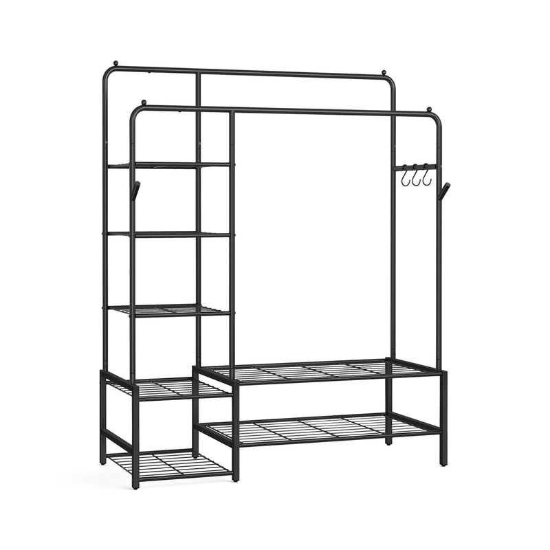 Black open wardrobe clothes rack with shelves and rails, front view