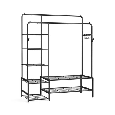 Black open wardrobe clothes rack with shelves and rails, front view