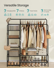 Close-up of vertical bar hooks and S-hooks on clothes rack