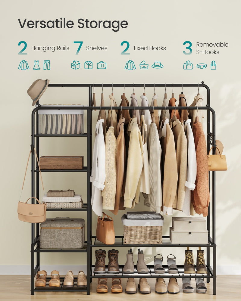 Close-up of vertical bar hooks and S-hooks on clothes rack