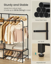 Open shelves on clothes rack holding folded clothes and bags